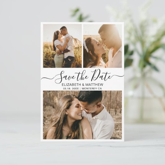 Minimalistisch Elegant Script Photo Collage Weddin Save The Date (Staand voorkant)