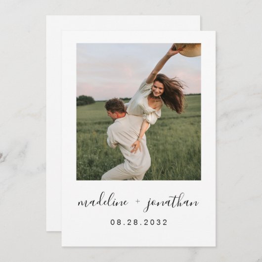 Minimalistisch Elegant Script Square Fotobruiloft Kaart (Voorkant / Achterkant)