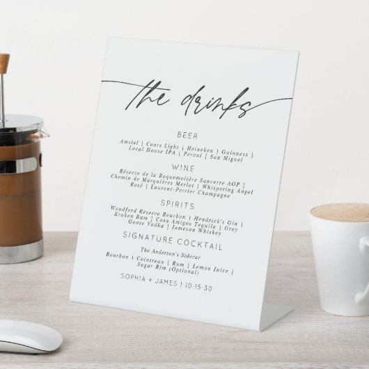 Minimalistisch Elegant Script Wedding Bar Menu Reclamebord Met Voetstuk (Insitu)
