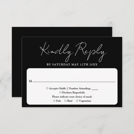 Minimalistisch Elegant Script zwart-wit bruiloft RSVP Kaartje (Voorkant / Achterkant)