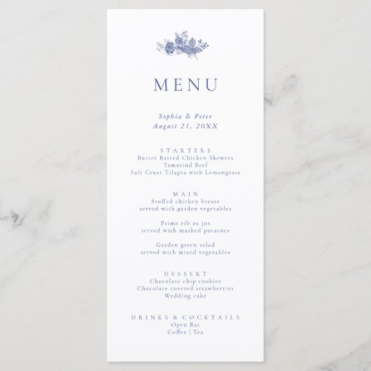 Minimalistisch Elegant Toile Frans Blauw Flora Men Menu (Voorkant)