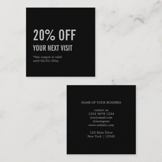 Minimalistisch elegant zwart kortingskaartje (Voorkant / Achterkant)