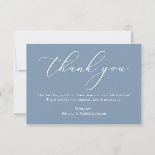 Minimalistisch elegante kalligrafie bruiloft blauw bedankkaart