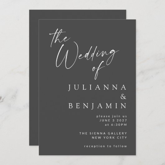 Minimalistisch ellegant Black Modern Script Wedden Kaart (Voorkant / Achterkant)