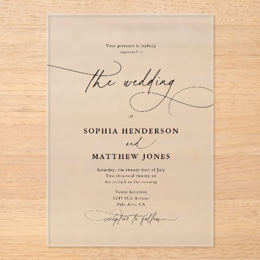 Minimalistisch ellegant Calligraphy Wedding Acryl Uitnodigingen (Voorkant)