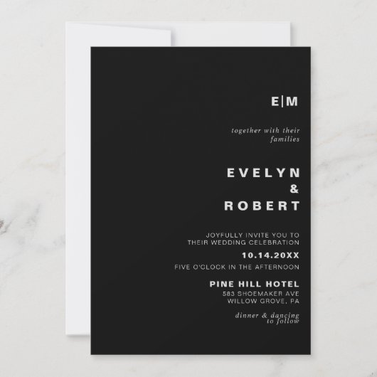 Minimalistisch ellegant formeel Initiaal Black Wed Kaart (Voorkant)