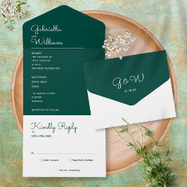 Minimalistisch Emerald Green Monogram Huwelijk All In One Uitnodiging