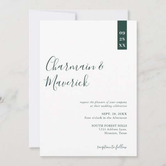 Minimalistisch Emerald Groen Script Bruiloft Kaart (Voorkant)