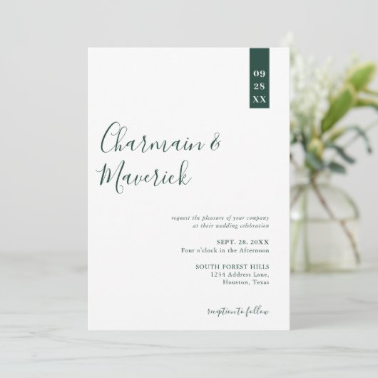 Minimalistisch Emerald Groen Script Bruiloft Kaart (Staand voorkant)
