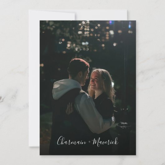 Minimalistisch Emerald Groen Script Foto Bruiloft Kaart (Achterkant)