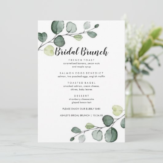 Minimalistisch Eucalyptus Bridal Brunch Menu (Staand voorkant)