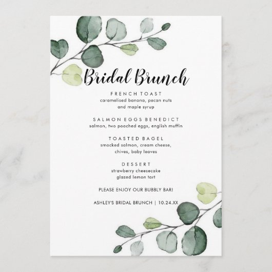Minimalistisch Eucalyptus Bridal Brunch Menu (Voorkant)
