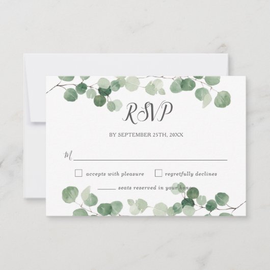 Minimalistisch Eucalyptus Greenery Reply Gay Weddi RSVP Kaartje (Voorkant)