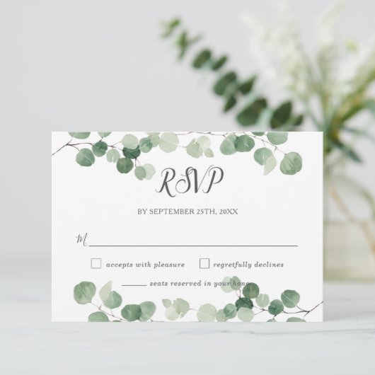 Minimalistisch Eucalyptus Greenery Reply Gay Weddi RSVP Kaartje (Staand voorkant)