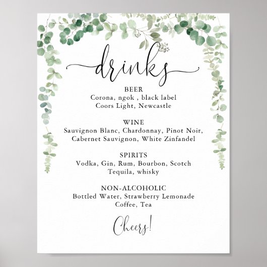 Minimalistisch Eucalyptus Huwelijksdranken Menukaa Poster (Voorkant)