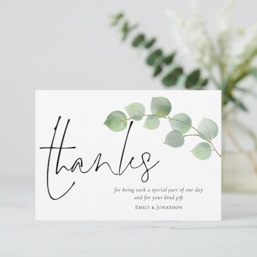 Minimalistisch eucalyptus script foto bruiloft bedankkaart (Staand voorkant)