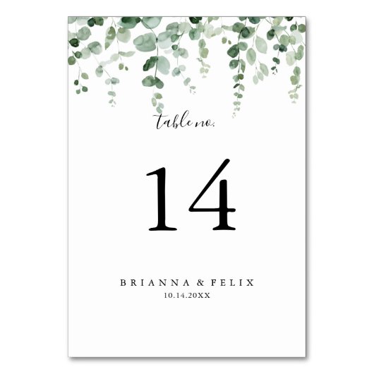 Minimalistisch Eucalyptus Weddenafel-nummer Kaart (Voorkant)