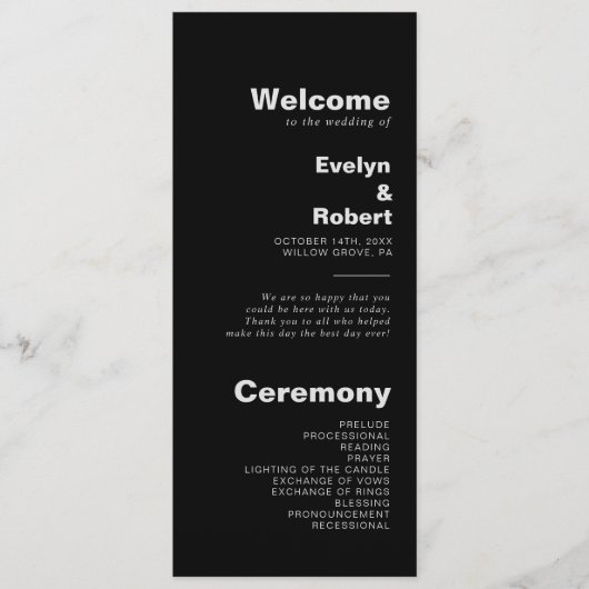 Minimalistisch eulegant formeel Black Wedding Prog Programmakaart (Voorkant)