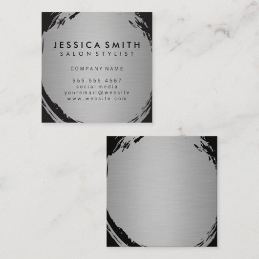 Minimalistisch Faux Metallic Zilver Geborsteld Vierkante Visitekaartje (Voorkant / Achterkant)