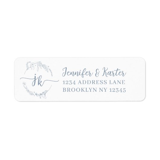 Minimalistisch Floral Dusty Blue Monogram Etiket (Voorkant)