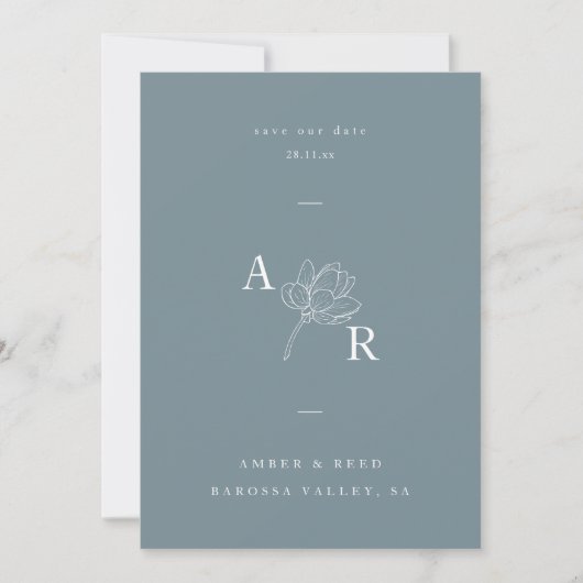 Minimalistisch Floral Monogram Elegant Dusty Blue Save The Date (Voorkant)