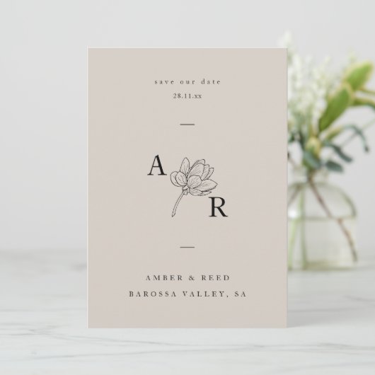 Minimalistisch Floral Monogram Elegant Eenvoudig N Save The Date (Staand voorkant)