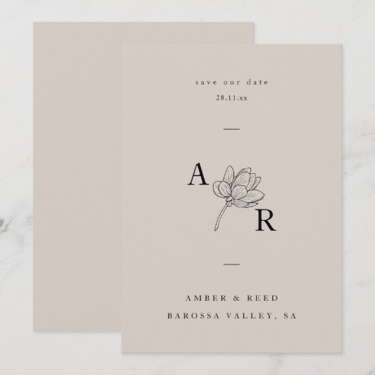 Minimalistisch Floral Monogram Elegant Eenvoudig N Save The Date (Voorkant / Achterkant)