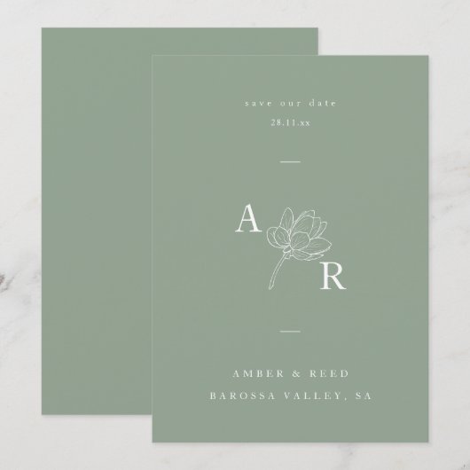 Minimalistisch Floral Monogram Elegant Sage Green Save The Date (Voorkant / Achterkant)