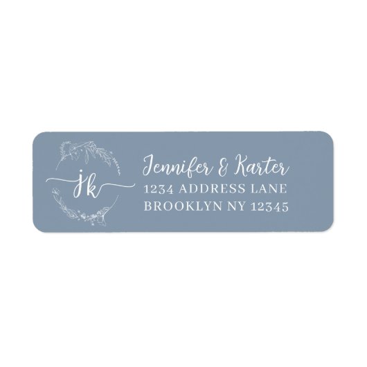 Minimalistisch Floral Plain Dusty Blue Monogram Etiket (Voorkant)