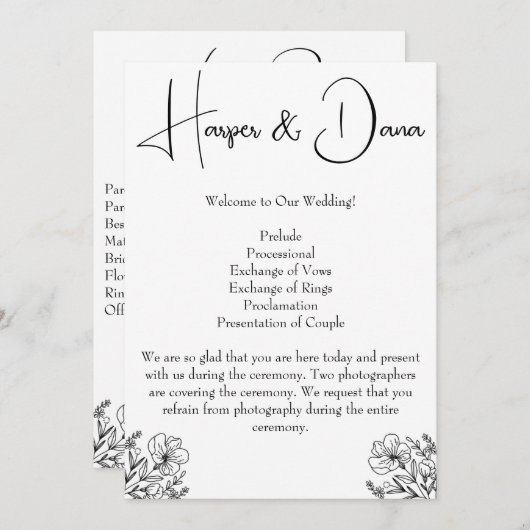 Minimalistisch Floral Wedding Programma Programmakaart (Voorkant / Achterkant)