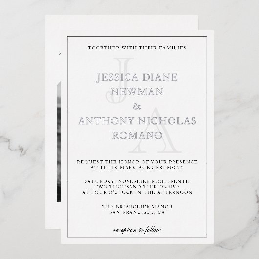 Minimalistisch Folie van Monogram Foto Weddenschap Folie Uitnodiging (Voorkant / Achterkant)