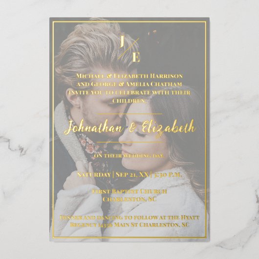 Minimalistisch Folie van Monogram Foto Weddenschap Folie Uitnodiging (Voorkant)