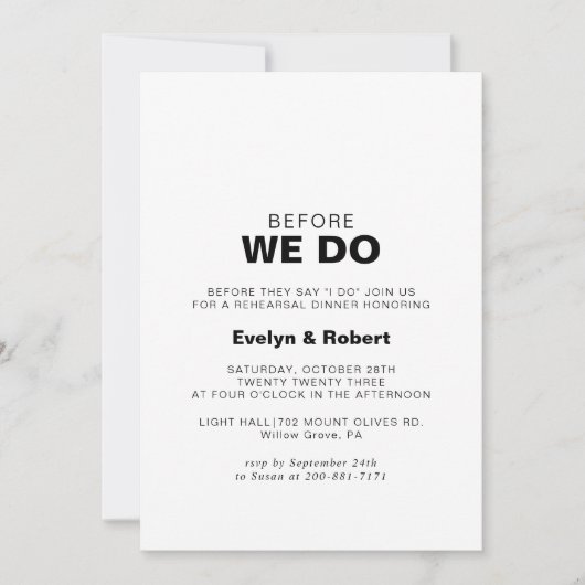 Minimalistisch formeel voor we do rehearsal diner kaart (Voorkant)