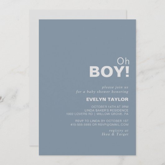 Minimalistisch Formele Blue Oh Boy Baby shower Kaart (Voorkant / Achterkant)