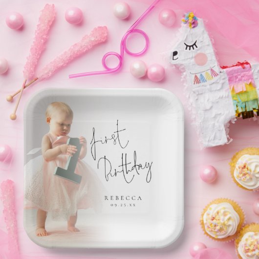 Minimalistisch foto overlay script 1e verjaardag papieren bordje (Feest)