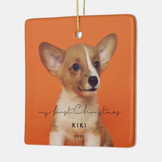 Minimalistisch foto van mijn eerste kerstfoto keramisch ornament (Links)