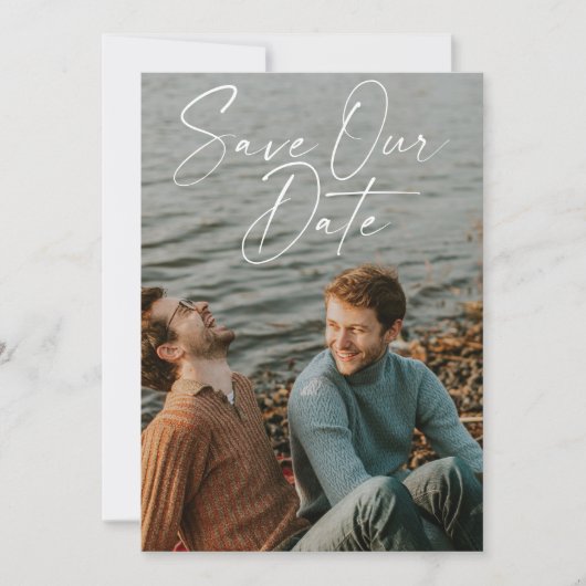 Minimalistisch Fotohandschrift Koppel Moderne Trou Save The Date (Voorkant)