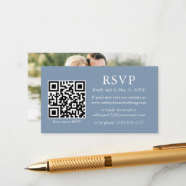 Minimalistisch fotohuwelijk QR RSVP Dusty Blue Informatiekaartje