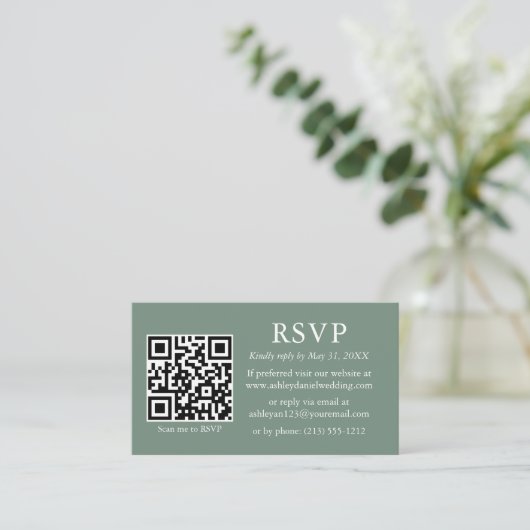 Minimalistisch fotohuwelijk QR RSVP Sage Green Informatiekaartje (Staand voorkant)