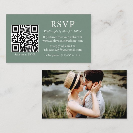 Minimalistisch fotohuwelijk QR RSVP Sage Green Informatiekaartje (Voorkant / Achterkant)