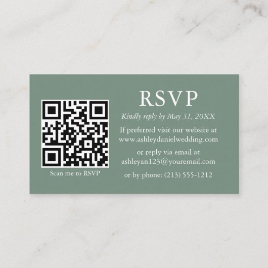 Minimalistisch fotohuwelijk QR RSVP Sage Green Informatiekaartje (Voorkant)