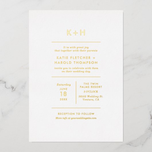 Minimalistisch fotohuwelijk Real Gold Folie Uitnodiging (Voorkant)