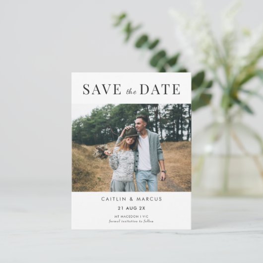 Minimalistisch fotohuwelijk sparen het Briefkaart  (Staand voorkant)