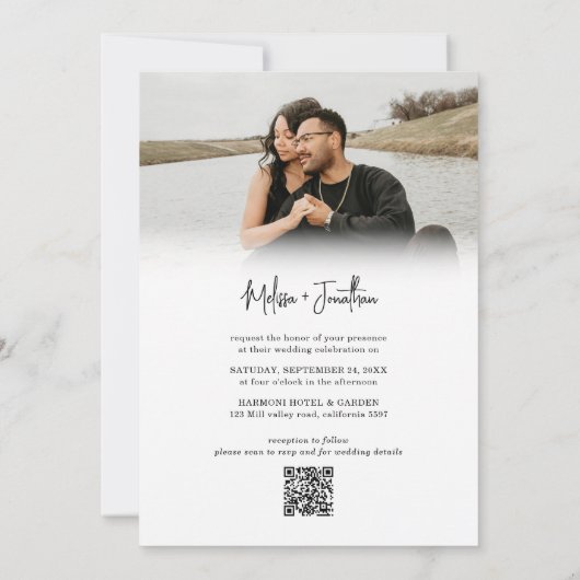 Minimalistisch Fotoscript Moderne QR-code Bruiloft Kaart (Achterkant)