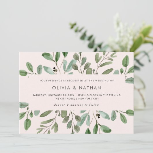 Minimalistisch gebladerte Blush Pink | Bruiloft Kaart (Staand voorkant)