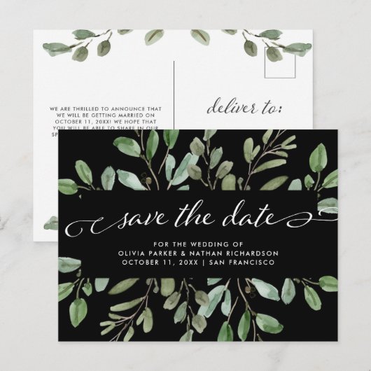 Minimalistisch gebladerte zwart | Trouwen Bewaar d Aankondigingskaart (Voorkant / Achterkant)