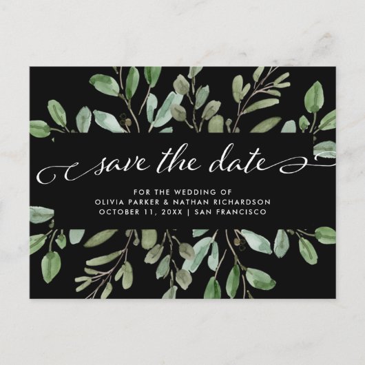Minimalistisch gebladerte zwart | Trouwen Bewaar d Aankondigingskaart (Voorkant)