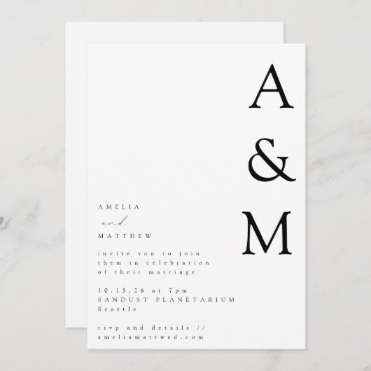 Minimalistisch gebold wit monogram Typografie Wedd Kaart (Voorkant / Achterkant)