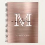 Minimalistisch geborsteld metaal Roos Gold Modern  Planner<br><div class="desc">Glam minimalistisch Roos Gold Modern Script Monogram Planner</div>