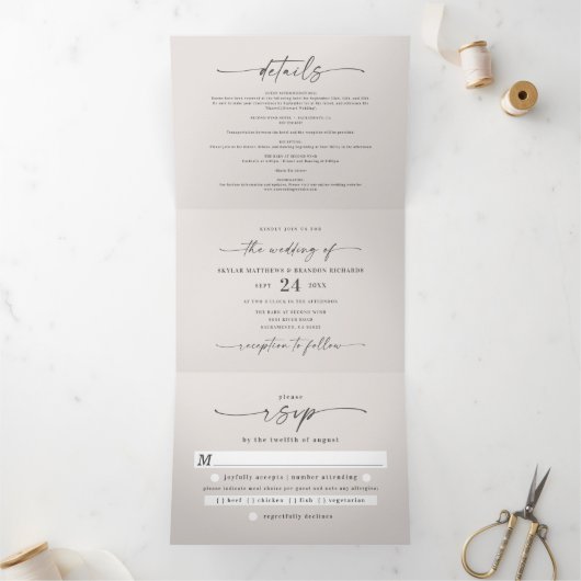 Minimalistisch gebroken wit alles in één bruiloft  drieluik uitnodiging (Binnen)